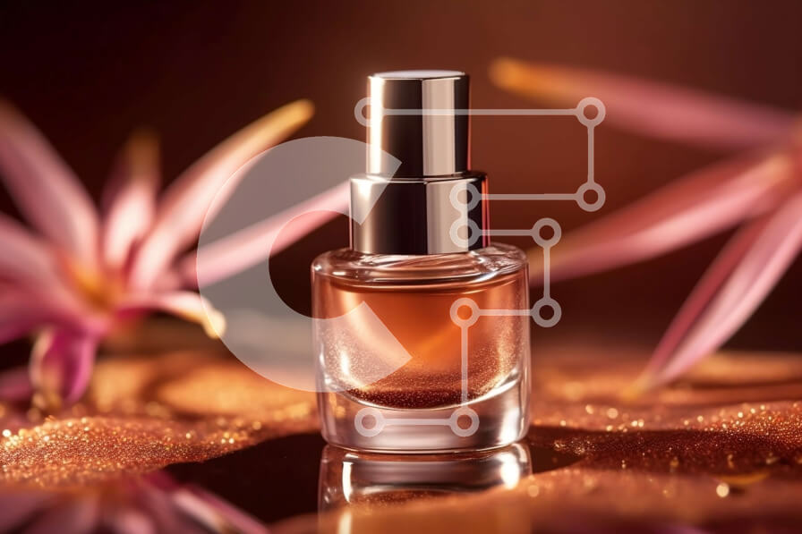 Intra Συλλεκτικό Ξύλινο Παζλ Plywood  4mm - Κομψό μπουκάλι αρώματος με ροζ λουλούδια στο φόντο Σε Ξύλινο Κουτί - Διαστάσεις Puzzle: 10x10 cm – 25 κομμάτια