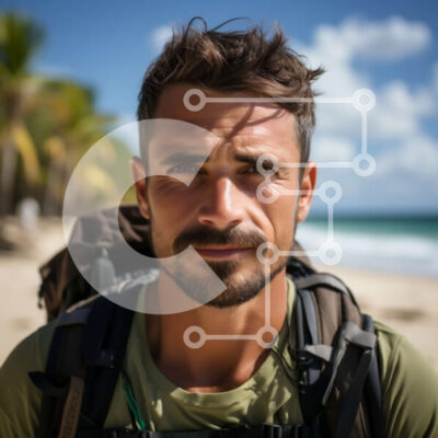 Intra Συλλεκτικό Ξύλινο Παζλ Plywood 4mm - Σοβαρός άνδρας στην παραλία με πράσινο πουκάμισο και σακίδιο Σε Ξύλινο Κουτί - Διαστάσεις Puzzle: 10x10 cm – 25 κομμάτια - Image 1