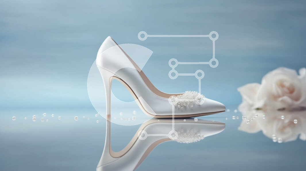 Intra Συλλεκτικό Ξύλινο Παζλ Plywood  4mm - Κομψά λευκά ψηλοτάκουνα παπούτσια με μαργαριταρένια λουριά και αντανάκλαση τριαντάφυλλου στο νερό Σε Ξύλινο Κουτί - Διαστάσεις Puzzle: 10x10 cm – 25 κομμάτια