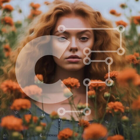 Intra Συλλεκτικό Ξύλινο Παζλ Plywood 4mm - Σοβαρή γυναίκα με μακριά κόκκινα μαλλιά στο πεδίο των πορτοκαλί λουλουδιών Σε Ξύλινο Κουτί - Διαστάσεις Puzzle: 10x10 cm – 25 κομμάτια - Image 1