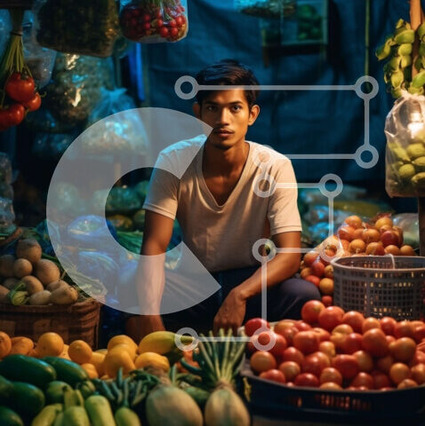 Intra Συλλεκτικό Ξύλινο Παζλ Plywood  4mm - Σοβαρός άνδρας σε πάγκο αγοράς με φρούτα και λαχανικά που εμφανίζονται Σε Ξύλινο Κουτί - Διαστάσεις Puzzle: 10x10 cm – 25 κομμάτια - Image 1