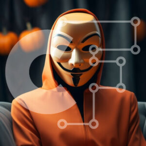 Intra Συλλεκτικό Ξύλινο Παζλ Plywood  4mm - Άτομο που φοράει πορτοκαλί ολόσωμη φόρμα και μάσκα Guy Fawkes Σε Ξύλινο Κουτί - Διαστάσεις Puzzle: 10x10 cm – 25 κομμάτια