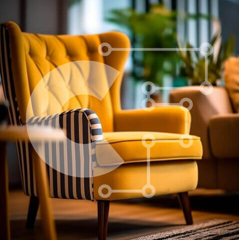 Intra Συλλεκτικό Ξύλινο Παζλ Plywood 4mm - Κομψή κίτρινη πολυθρόνα σε μοντέρνο σαλόνι με ριγέ ταπετσαρία Σε Ξύλινο Κουτί - Διαστάσεις Puzzle: 10x10 cm – 25 κομμάτια - Image 1