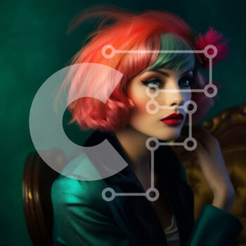 Intra Συλλεκτικό Ξύλινο Παζλ Plywood  4mm - Σοβαρή γυναίκα με ροζ μαλλιά και πολύχρωμη στολή κάθεται στην καρέκλα Σε Ξύλινο Κουτί - Διαστάσεις Puzzle: 10x10 cm – 25 κομμάτια - Image 1