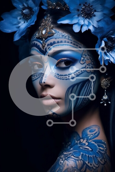 Intra Συλλεκτικό Ξύλινο Παζλ Plywood  4mm - Εκπληκτική ομορφιά: Γυναίκα με μπλε μπογιά προσώπου και φλοράλ κόμμωση Σε Ξύλινο Κουτί - Διαστάσεις Puzzle: 10x10 cm – 25 κομμάτια