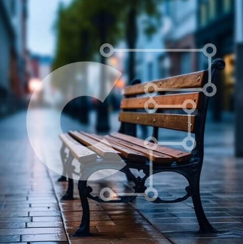 Intra Συλλεκτικό Ξύλινο Παζλ Plywood  4mm - Serenity in the City: Ξύλινος πάγκος σε υγρό πεζοδρόμιο στο σούρουπο Σε Ξύλινο Κουτί - Διαστάσεις Puzzle: 10x10 cm – 25 κομμάτια - Image 1