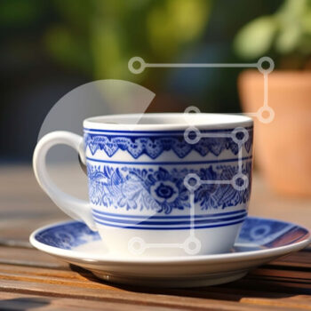 Intra Συλλεκτικό Ξύλινο Παζλ Plywood  4mm - Μπλε και άσπρο κεραμικό φλιτζάνι καφέ και πιατάκι σε ξύλινο τραπέζι Σε Ξύλινο Κουτί - Διαστάσεις Puzzle: 10x10 cm – 25 κομμάτια - Image 1