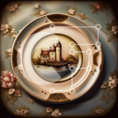 Intra Συλλεκτικό Ξύλινο Παζλ Plywood 4mm - Όμορφο πιάτο με ζωγραφική του κάστρου σε λουλουδάτο τραπεζομάντιλο Σε Ξύλινο Κουτί - Διαστάσεις Puzzle: 10x10 cm – 25 κομμάτια - Image 1