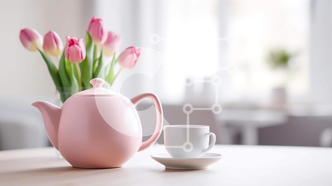 Intra Συλλεκτικό Ξύλινο Παζλ Plywood  4mm - Ροζ τσαγιέρα, φλιτζάνι και ροζ τουλίπες στο τραπέζι Σε Ξύλινο Κουτί - Διαστάσεις: 10x10 cm – 25 κομμάτια