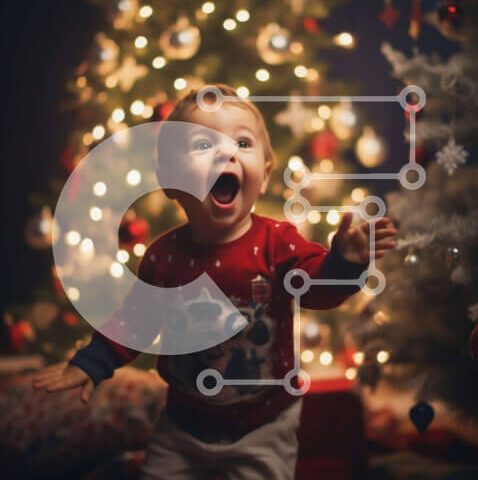 Intra Συλλεκτικό Ξύλινο Παζλ Plywood  4mm - Χαριτωμένο μωρό με κόκκινο πουλόβερ με χριστουγεννιάτικο δέντρο στο φόντο Σε Ξύλινο Κουτί - Διαστάσεις Puzzle: 10x10 cm – 25 κομμάτια - Image 1