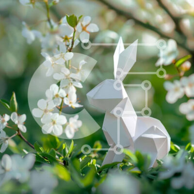 Intra Συλλεκτικό Ξύλινο Παζλ Plywood  4mm - Λευκό κουνέλι Origami σε γρασίδι με λουλούδια Σε Ξύλινο Κουτί - Διαστάσεις: 10x10 cm – 25 κομμάτια - Image 1