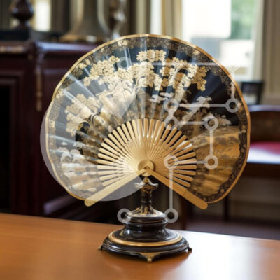 Intra Συλλεκτικό Ξύλινο Παζλ Plywood  4mm - Μαύρο και χρυσό ανεμιστήρα σε αντίκες ξύλινο τραπέζι Σε Ξύλινο Κουτί - Διαστάσεις: 10x10 cm – 25 κομμάτια - Image 1