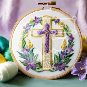 Intra Συλλεκτικό Ξύλινο Παζλ Plywood  4mm - Θρησκευτικό τσέρκι κεντήματος με σταυρό και μωβ λουλούδια Σε Ξύλινο Κουτί - Διαστάσεις Puzzle: 10x10 cm – 25 κομμάτια - Image 1