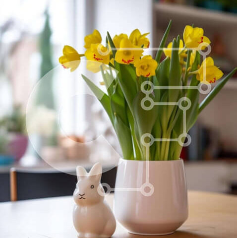 Intra Συλλεκτικό Ξύλινο Παζλ Plywood  4mm - Λευκό κεραμικό βάζο με κίτρινα λουλούδια και ειδώλιο λαγουδάκι Σε Ξύλινο Κουτί - Διαστάσεις: 10x10 cm – 25 κομμάτια - Image 1