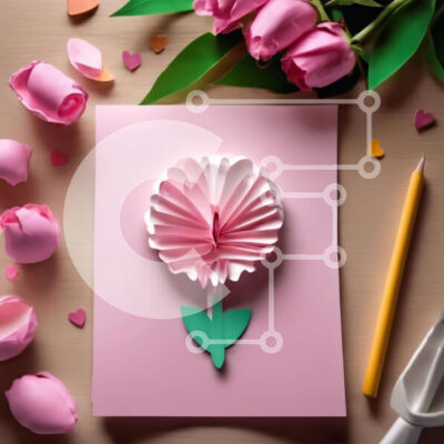 Intra Συλλεκτικό Ξύλινο Παζλ Plywood  4mm - Χαρτί κομμένο λουλούδι που περιβάλλεται από ροζ τουλίπες για ευχετήριες κάρτες και διακοσμήσεις Σε Ξύλινο Κουτί - Διαστάσεις Puzzle: 10x10 cm – 25 κομμάτια - Image 1