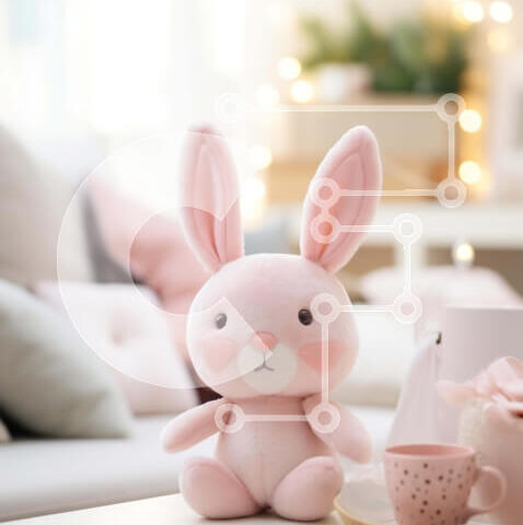 Intra Συλλεκτικό Ξύλινο Παζλ Plywood  4mm - Ροζ λαγουδάκι γεμιστό ζώο στο σαλόνι Σε Ξύλινο Κουτί - Διαστάσεις Puzzle: 10x10 cm – 25 κομμάτια - Image 1