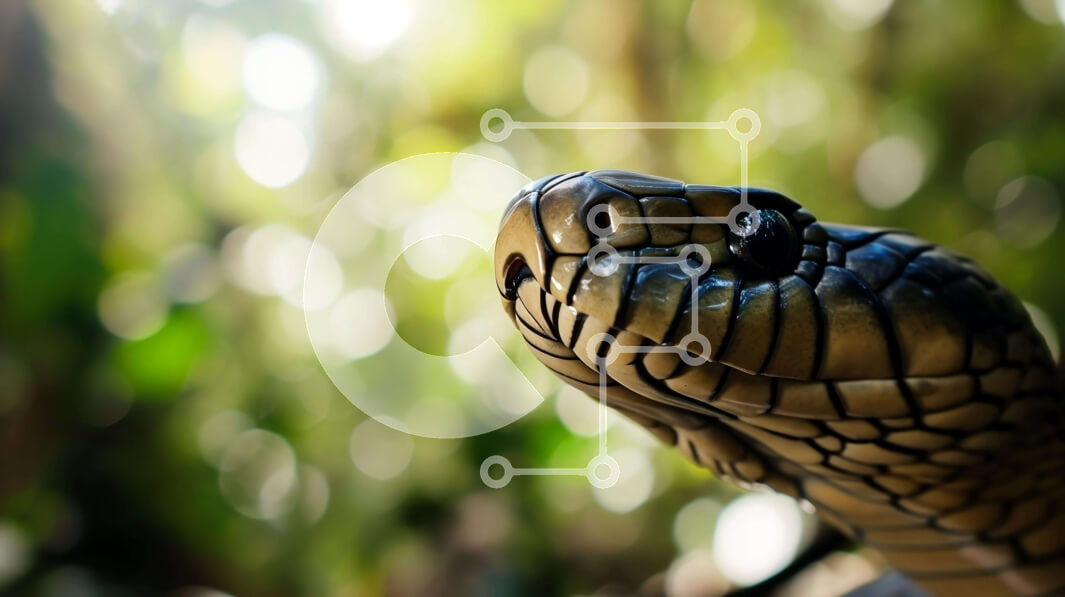 Intra Συλλεκτικό Ξύλινο Παζλ Plywood  4mm - Κοντινό πλάνο του κεφαλιού της ενήλικης μαύρης κόμπρας στο πράσινο φύλλωμα Σε Ξύλινο Κουτί - Διαστάσεις: 10x10 cm – 25 κομμάτια