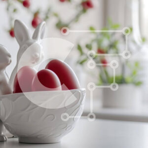 Intra Συλλεκτικό Ξύλινο Παζλ Plywood  4mm - Πασχαλινά ειδώλια λαγουδάκι με κόκκινα αυγά και λουλούδια Σε Ξύλινο Κουτί - Διαστάσεις Puzzle: 10x10 cm – 25 κομμάτια