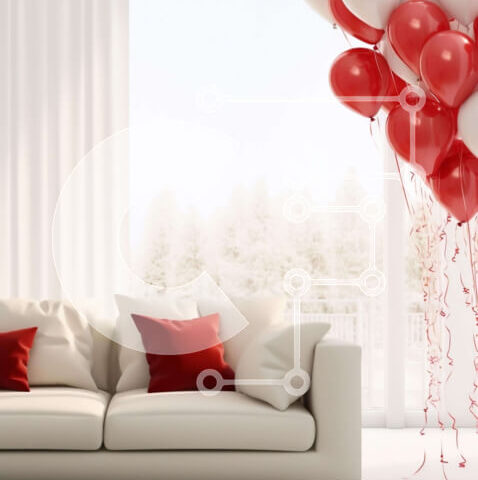 Intra Συλλεκτικό Ξύλινο Παζλ Plywood  4mm - Λευκός καναπές με κόκκινα και λευκά μπαλόνια στο σαλόνι Σε Ξύλινο Κουτί - Διαστάσεις Puzzle: 10x10 cm – 25 κομμάτια - Image 1