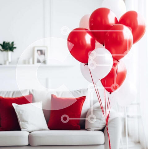 Intra Συλλεκτικό Ξύλινο Παζλ Plywood  4mm - Καθιστικό με κόκκινα και άσπρα μπαλόνια Σε Ξύλινο Κουτί - Διαστάσεις Puzzle: 10x10 cm – 25 κομμάτια - Image 1