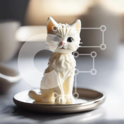 Intra Συλλεκτικό Ξύλινο Παζλ Plywood 4mm - Μικρό ειδώλιο λευκής γάτας στο τραπέζι με φλιτζάνια και πιατάκια Σε Ξύλινο Κουτί - Διαστάσεις: 10x10 cm – 25 κομμάτια - Image 1