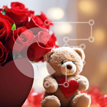 Intra Συλλεκτικό Ξύλινο Παζλ Plywood  4mm - Αρκουδάκι σε βάζο σε σχήμα καρδιάς με κόκκινα τριαντάφυλλα και καρδιές Σε Ξύλινο Κουτί - Διαστάσεις Puzzle: 10x10 cm – 25 κομμάτια - Image 1