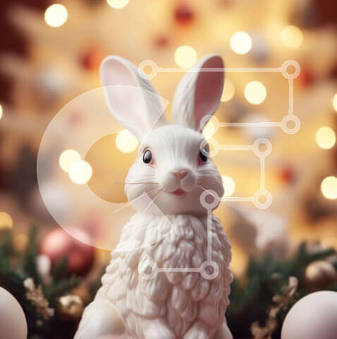 Intra Συλλεκτικό Ξύλινο Παζλ Plywood 4mm - Λευκό ειδώλιο λαγουδάκι μπροστά από το διακοσμημένο χριστουγεννιάτικο δέντρο Σε Ξύλινο Κουτί - Διαστάσεις: 10x10 cm – 25 κομμάτια - Image 1