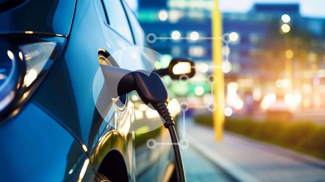 Intra Συλλεκτικό Ξύλινο Παζλ Plywood  4mm - Μπλε ηλεκτρικό αυτοκίνητο που φορτίζει το σούρουπο στην πόλη Σε Ξύλινο Κουτί - Διαστάσεις Puzzle: 10x10 cm – 25 κομμάτια