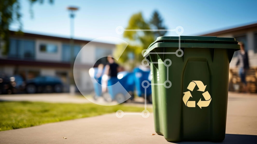 Intra Συλλεκτικό Ξύλινο Παζλ Plywood  4mm - Πράσινος κάδος ανακύκλωσης στο πεζοδρόμιο με ανθρώπους να περπατούν Σε Ξύλινο Κουτί - Διαστάσεις: 10x10 cm – 25 κομμάτια