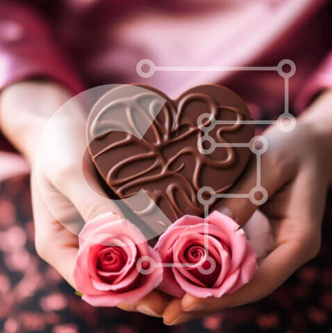 Intra Συλλεκτικό Ξύλινο Παζλ Plywood 4mm - Δύο γυναίκες που γιορτάζουν την ημέρα του Αγίου Βαλεντίνου με μπάρα σοκολάτας σε σχήμα καρδιάς και τριαντάφυλλα Σε Ξύλινο Κουτί - Διαστάσεις: 10x10 cm – 25 κομμάτια - Image 1