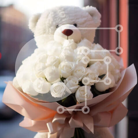 Intra Συλλεκτικό Ξύλινο Παζλ Plywood 4mm - Μεγάλο λευκό αρκουδάκι που κρατά μια διάταξη από λευκά τριαντάφυλλα Σε Ξύλινο Κουτί - Διαστάσεις Puzzle: 10x10 cm – 25 κομμάτια - Image 1