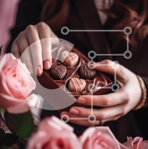 Intra Συλλεκτικό Ξύλινο Παζλ Plywood  4mm - Γυναίκα που κρατά κουτί σοκολάτες με τριαντάφυλλα Σε Ξύλινο Κουτί - Διαστάσεις Puzzle: 10x10 cm – 25 κομμάτια - Image 1