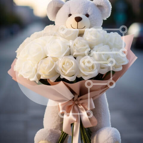 Intra Συλλεκτικό Ξύλινο Παζλ Plywood  4mm - Αξιολάτρευτο λευκό αρκουδάκι που κρατά ένα μπουκέτο με λευκά τριαντάφυλλα Σε Ξύλινο Κουτί - Διαστάσεις Puzzle: 10x10 cm – 25 κομμάτια - Image 1