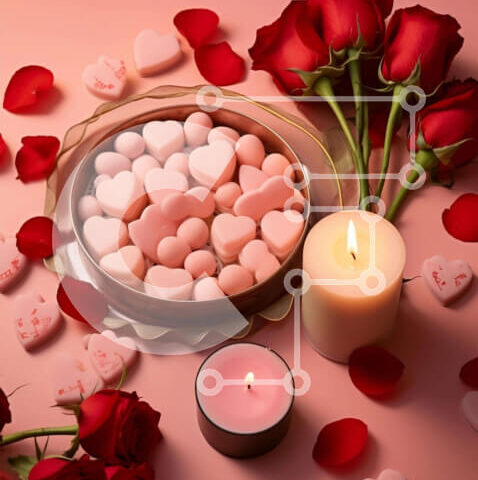 Intra Συλλεκτικό Ξύλινο Παζλ Plywood 4mm - Ροζ φόντο με καραμέλες σε σχήμα καρδιάς και κόκκινα τριαντάφυλλα Σε Ξύλινο Κουτί - Διαστάσεις Puzzle: 10x10 cm – 25 κομμάτια - Image 1