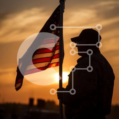 Intra Συλλεκτικό Ξύλινο Παζλ Plywood  4mm - Σιλουέτα ενός άνδρα που κρατά την αμερικανική σημαία ενάντια στο ηλιοβασίλεμα Σε Ξύλινο Κουτί - Διαστάσεις Puzzle: 10x10 cm – 25 κομμάτια - Image 1