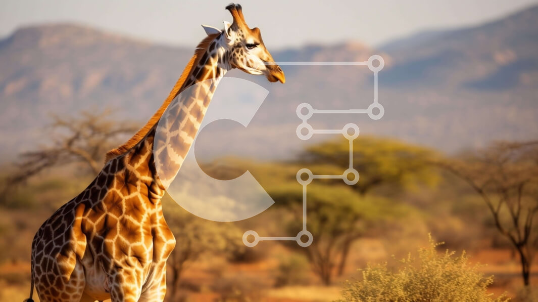 Intra Συλλεκτικό Ξύλινο Παζλ Plywood  4mm - Περίεργη καμηλοπάρδαλη σε ένα χορταριασμένο χωράφι με δέντρα και βουνά Σε Ξύλινο Κουτί - Διαστάσεις: 10x10 cm – 25 κομμάτια