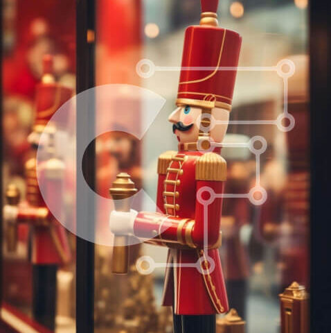 Intra Συλλεκτικό Ξύλινο Παζλ Plywood  4mm - Κόκκινα και λευκά ειδώλια καρυοθραύστη μπροστά από γυάλινη θήκη Σε Ξύλινο Κουτί - Διαστάσεις Puzzle: 10x10 cm – 25 κομμάτια - Image 1