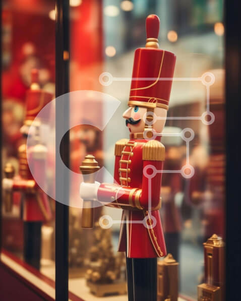 Intra Συλλεκτικό Ξύλινο Παζλ Plywood  4mm - Κόκκινα και λευκά ειδώλια καρυοθραύστη μπροστά από γυάλινη θήκη Σε Ξύλινο Κουτί - Διαστάσεις Puzzle: 10x10 cm – 25 κομμάτια