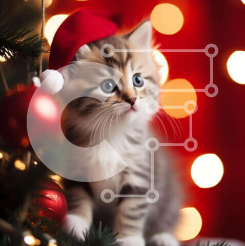 Intra Συλλεκτικό Ξύλινο Παζλ Plywood  4mm - Χαριτωμένο γατάκι στο διακοσμημένο χριστουγεννιάτικο δέντρο Σε Ξύλινο Κουτί - Διαστάσεις Puzzle: 10x10 cm – 25 κομμάτια - Image 1