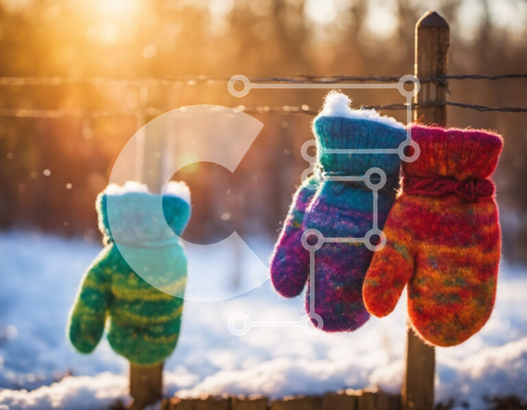 Intra Συλλεκτικό Ξύλινο Παζλ Plywood  4mm - Πολύχρωμα γάντια που κρέμονται σε έναν συρμάτινο φράχτη σε χιονισμένο τοπίο Σε Ξύλινο Κουτί - Διαστάσεις Puzzle: 10x10 cm – 25 κομμάτια