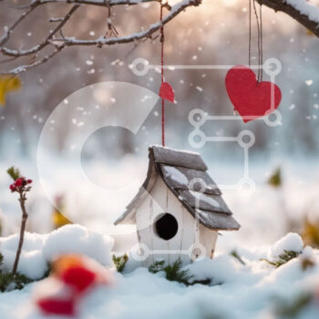 Intra Συλλεκτικό Ξύλινο Παζλ Plywood  4mm - Στολίδι Birdhouse στο χιόνι με κόκκινες καρδιές Σε Ξύλινο Κουτί - Διαστάσεις Puzzle: 10x10 cm – 25 κομμάτια - Image 1