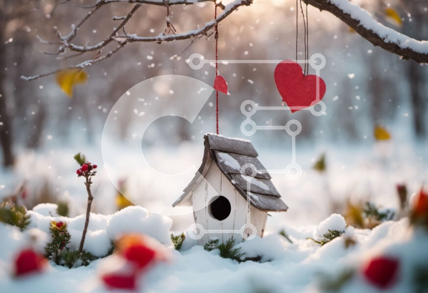 Intra Συλλεκτικό Ξύλινο Παζλ Plywood  4mm - Στολίδι Birdhouse στο χιόνι με κόκκινες καρδιές Σε Ξύλινο Κουτί - Διαστάσεις Puzzle: 10x10 cm – 25 κομμάτια