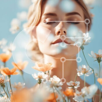 Intra Συλλεκτικό Ξύλινο Παζλ Plywood  4mm - Όμορφη γυναίκα που περιβάλλεται από λευκά και πορτοκαλί λουλούδια Σε Ξύλινο Κουτί - Διαστάσεις Puzzle: 10x10 cm – 25 κομμάτια - Image 1