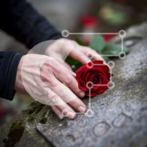 Intra Συλλεκτικό Ξύλινο Παζλ Plywood  4mm - Το χέρι απλώνει για να αγγίξει ένα κόκκινο τριαντάφυλλο σε μια παλιά ταφόπλακα Σε Ξύλινο Κουτί - Διαστάσεις: 10x10 cm – 25 κομμάτια