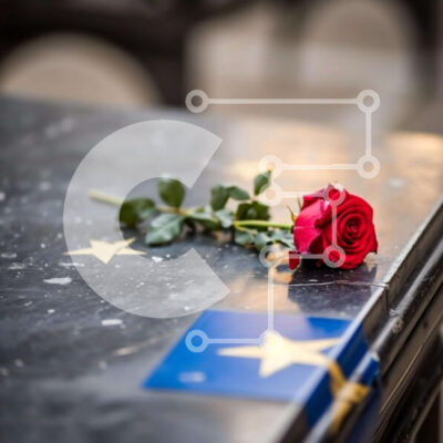 Intra Συλλεκτικό Ξύλινο Παζλ Plywood  4mm - Κόκκινο τριαντάφυλλο σε μαρμάρινο τραπέζι με μπλε και λευκά αστέρια Σε Ξύλινο Κουτί - Διαστάσεις Puzzle: 10x10 cm – 25 κομμάτια - Image 1