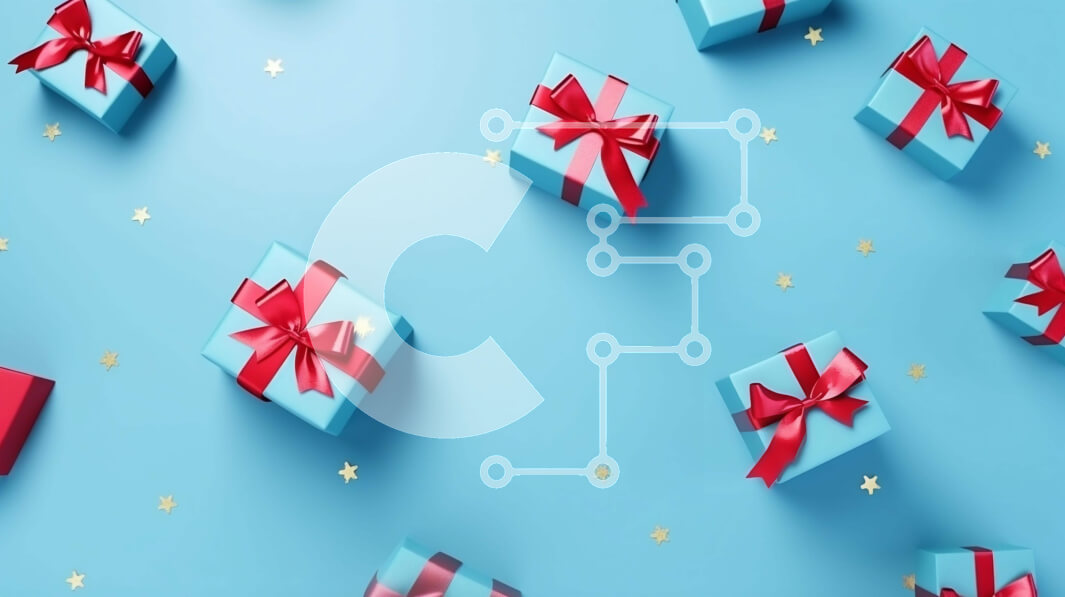 Intra Συλλεκτικό Ξύλινο Παζλ Plywood  4mm - Πλωτά κουτιά δώρων με κόκκινες κορδέλες και φιόγκους σε αφηρημένο μπλε φόντο Σε Ξύλινο Κουτί - Διαστάσεις: 10x10 cm – 25 κομμάτια