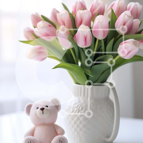 Intra Συλλεκτικό Ξύλινο Παζλ Plywood 4mm - Ροζ τουλίπες σε λευκό βάζο με αρκουδάκι και φλοράλ διακόσμηση Σε Ξύλινο Κουτί - Διαστάσεις Puzzle: 10x10 cm – 25 κομμάτια - Image 1