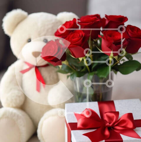 Intra Συλλεκτικό Ξύλινο Παζλ Plywood  4mm - Αρκουδάκι και κόκκινα τριαντάφυλλα με κουτί δώρου Σε Ξύλινο Κουτί - Διαστάσεις Puzzle: 10x10 cm – 25 κομμάτια - Image 1