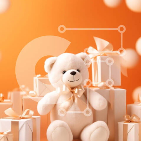 Intra Συλλεκτικό Ξύλινο Παζλ Plywood  4mm - Λευκό αρκουδάκι με κουτιά δώρων και μπαλόνια σε πορτοκαλί φόντο Σε Ξύλινο Κουτί - Διαστάσεις: 10x10 cm – 25 κομμάτια - Image 1