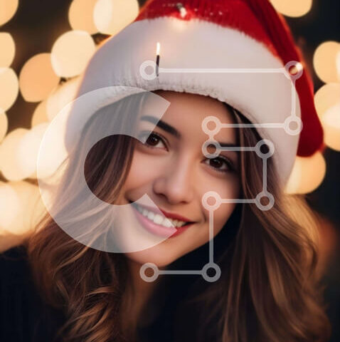 Intra Συλλεκτικό Ξύλινο Παζλ Plywood 4mm - Χαμογελαστή γυναίκα με καπέλο Άγιου Βασίλη και αναμμένα μπιχλιμπίδια Σε Ξύλινο Κουτί - Διαστάσεις: 10x10 cm – 25 κομμάτια - Image 1